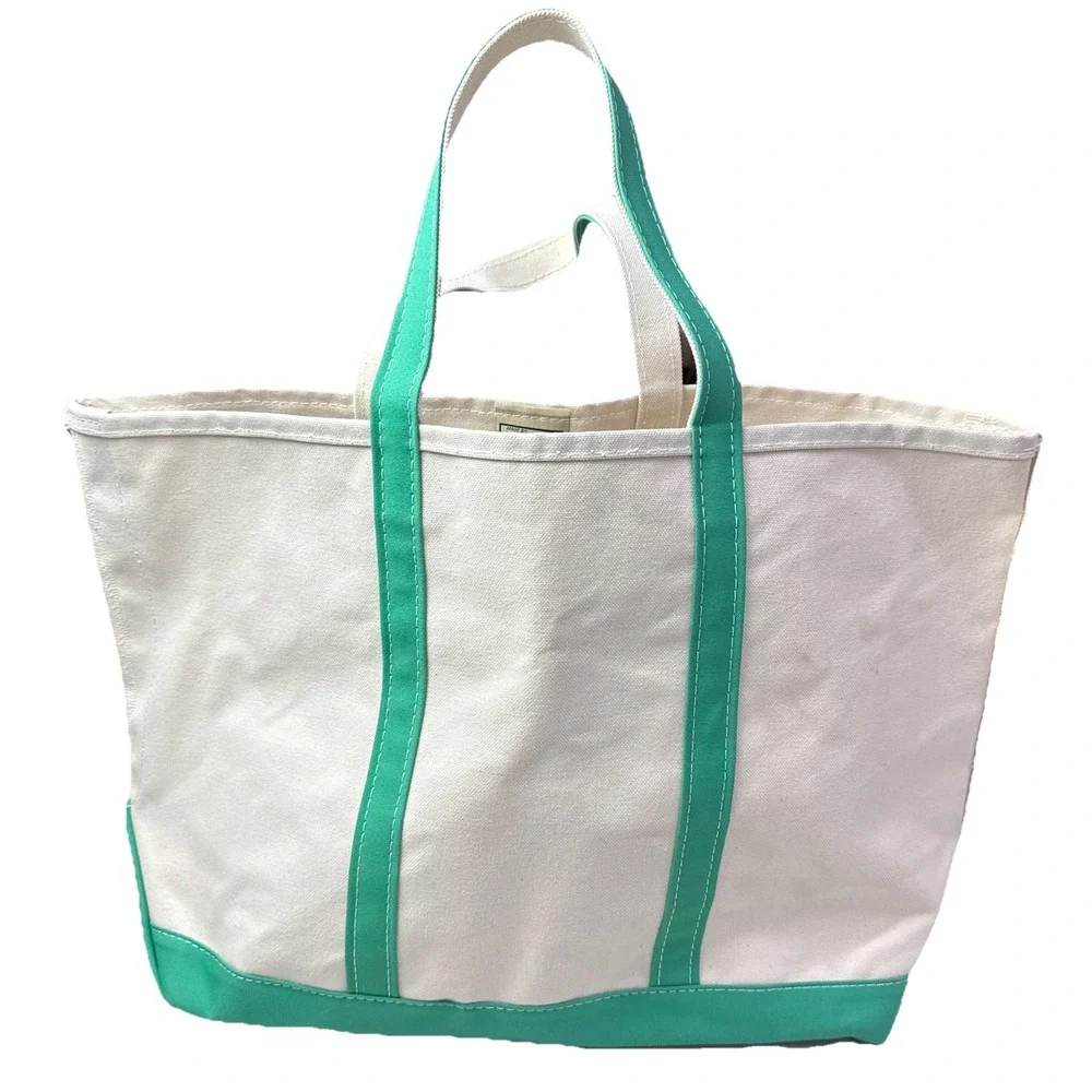 Vintage‎ 80s LL Bean Boat And Tote Canvas Bag Green Straps Green Tag Large 17x14